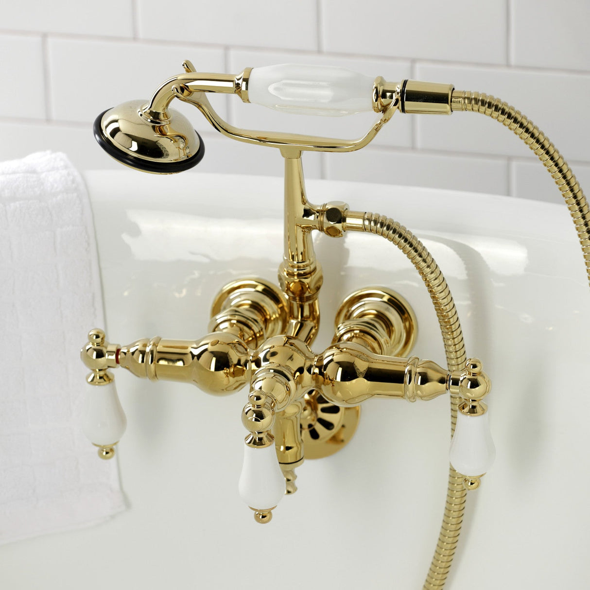 Vintage CA23T2 Three-Handle 2-Hole Wall Mount Clawfoot Tub Faucet with Hand Shower, Polished Brass