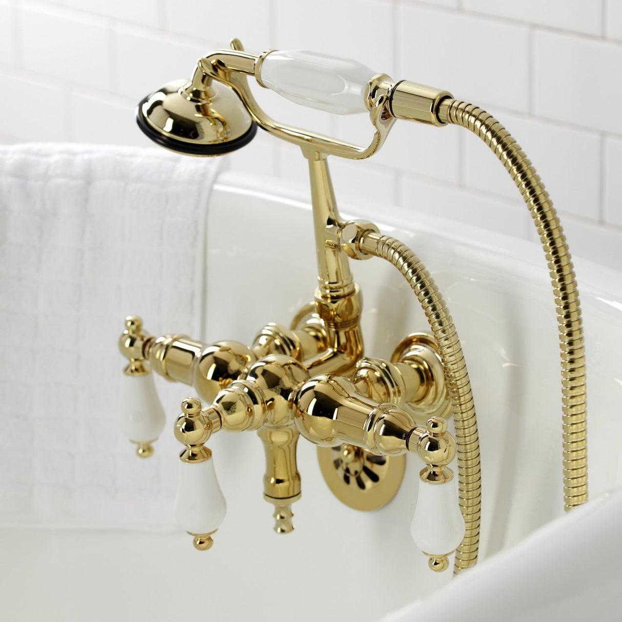 Vintage CA23T2 Three-Handle 2-Hole Wall Mount Clawfoot Tub Faucet with Hand Shower, Polished Brass