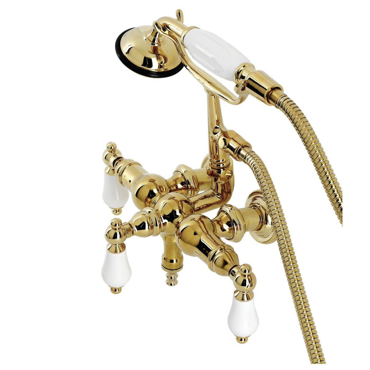 Vintage CA23T2 Three-Handle 2-Hole Wall Mount Clawfoot Tub Faucet with Hand Shower, Polished Brass