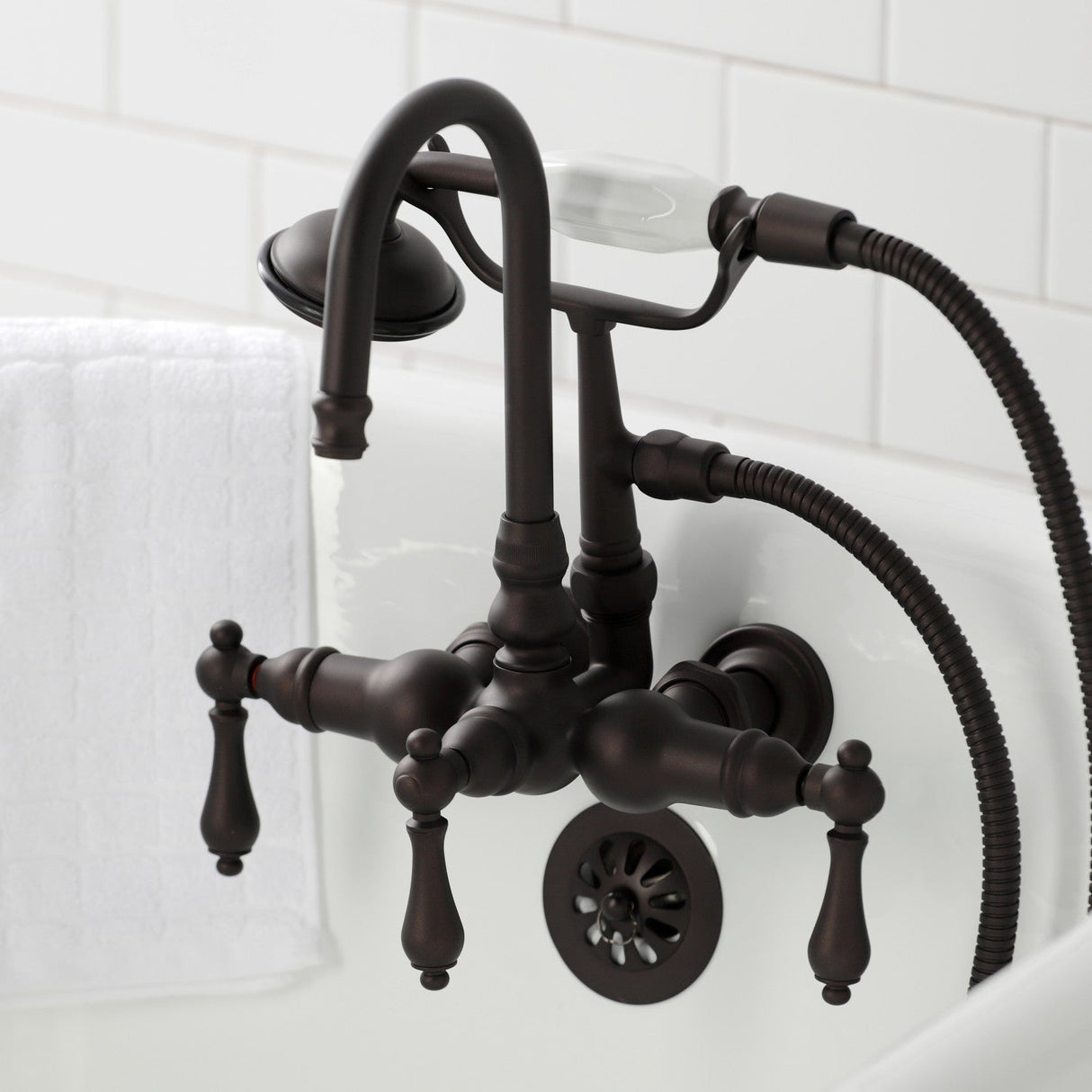 Vintage CA7T5 Three-Handle 2-Hole Wall Mount Clawfoot Tub Faucet with Hand Shower, Oil Rubbed Bronze