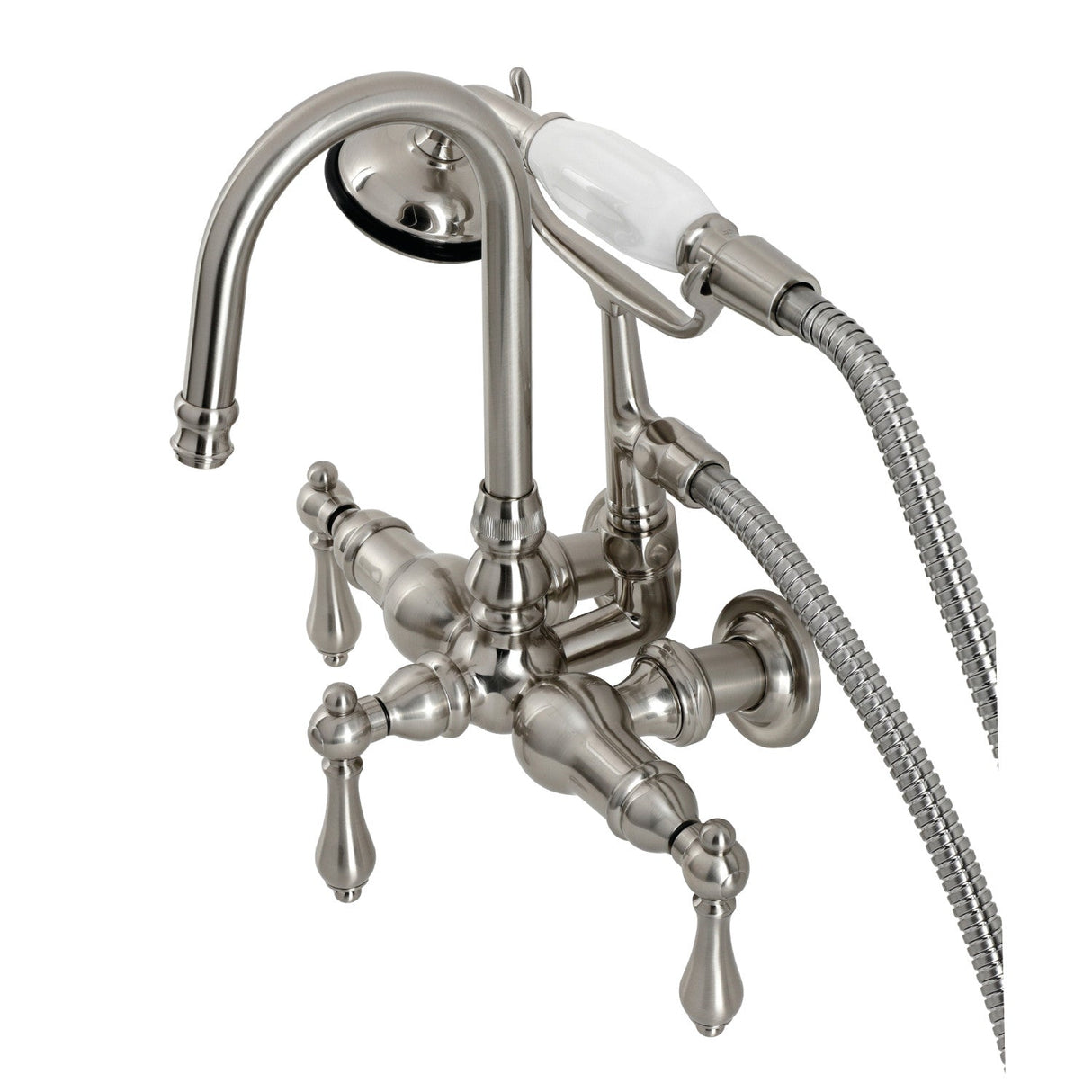 Vintage CA7T8 Three-Handle 2-Hole Wall Mount Clawfoot Tub Faucet with Hand Shower, Brushed Nickel