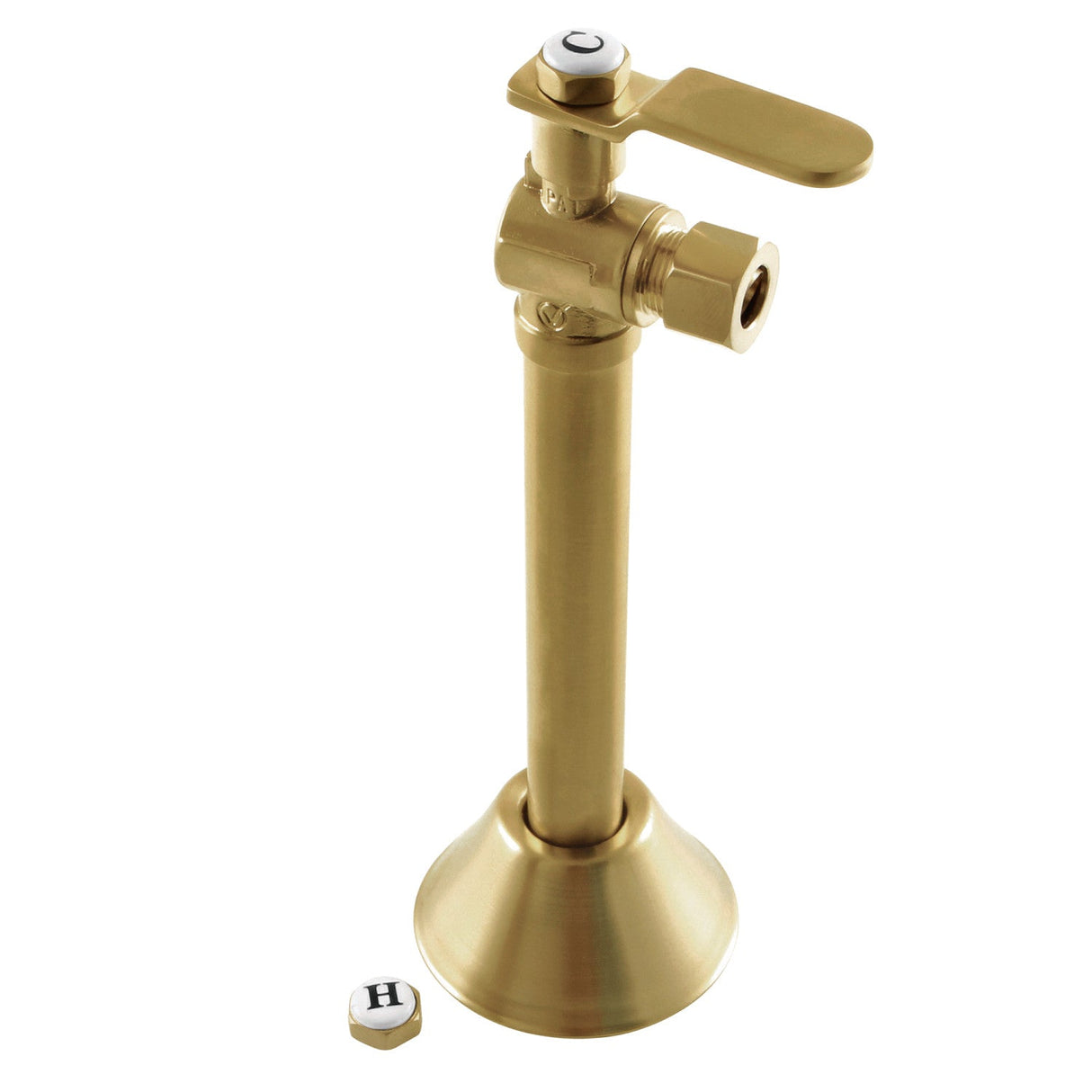 Whitaker CA8320BB 1/2-Inch Sweat x 3/8-Inch OD Comp Quarter-Turn Angle Stop Valve with 5-Inch Extension and Flange, Brushed Brass