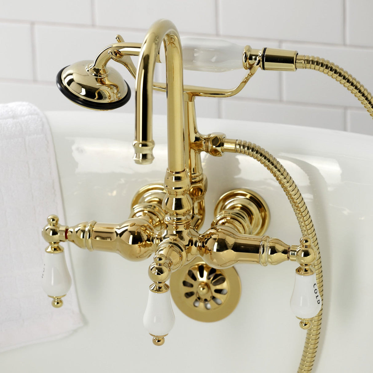 Vintage CA9T2 Three-Handle 2-Hole Wall Mount Clawfoot Tub Faucet with Hand Shower, Polished Brass