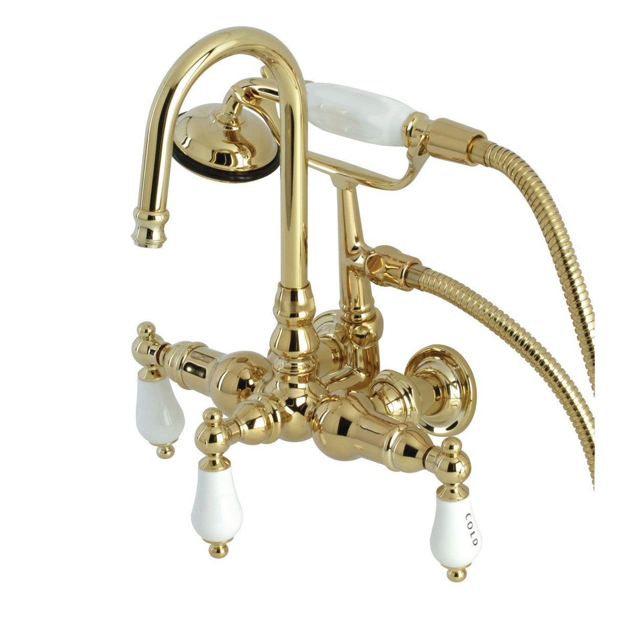 Vintage CA9T2 Three-Handle 2-Hole Wall Mount Clawfoot Tub Faucet with Hand Shower, Polished Brass