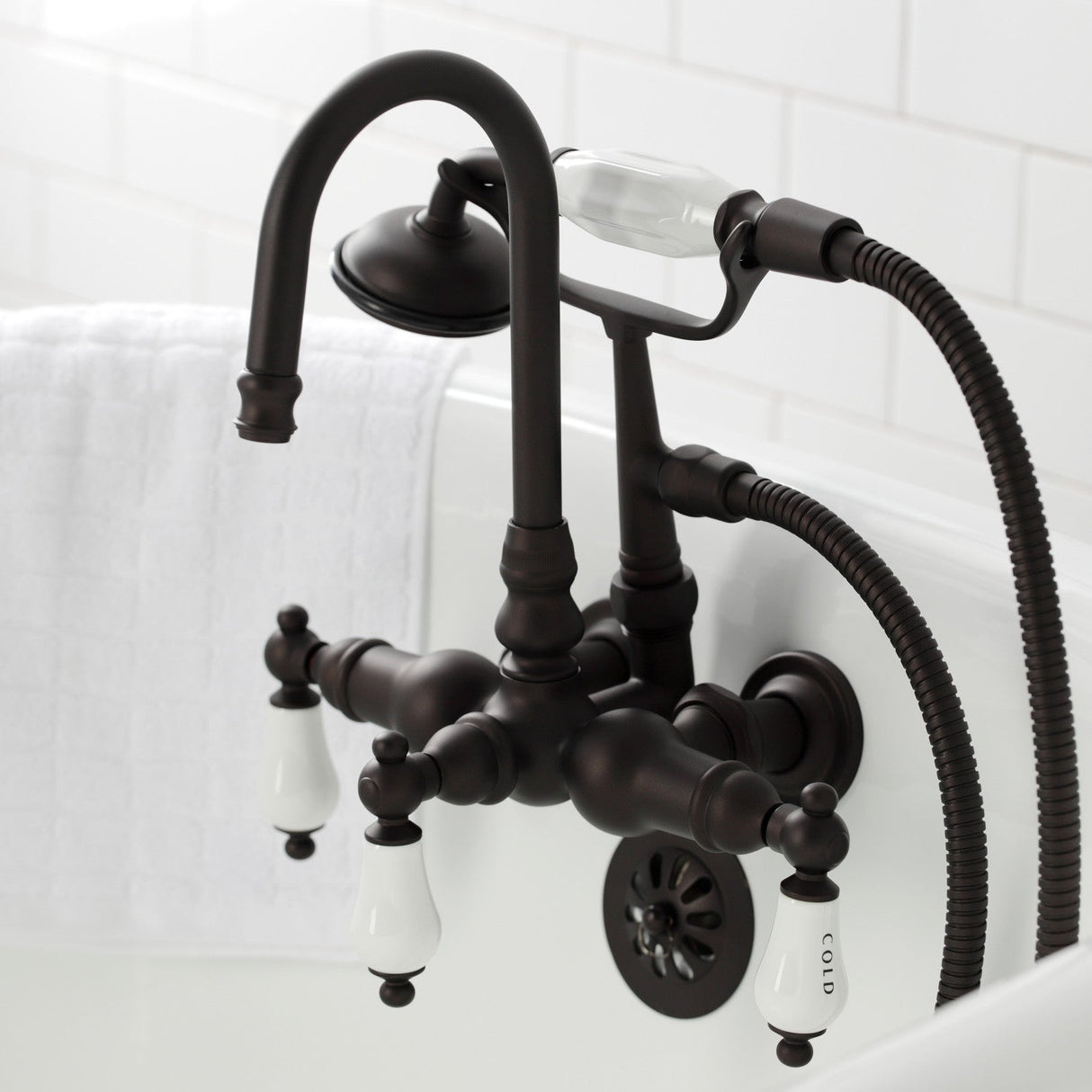 Vintage CA9T5 Three-Handle 2-Hole Wall Mount Clawfoot Tub Faucet with Hand Shower, Oil Rubbed Bronze