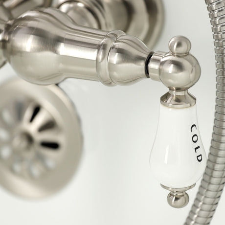 Vintage CA9T8 Three-Handle 2-Hole Wall Mount Clawfoot Tub Faucet with Hand Shower, Brushed Nickel