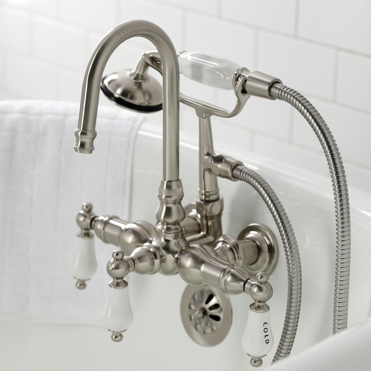 Vintage CA9T8 Three-Handle 2-Hole Wall Mount Clawfoot Tub Faucet with Hand Shower, Brushed Nickel
