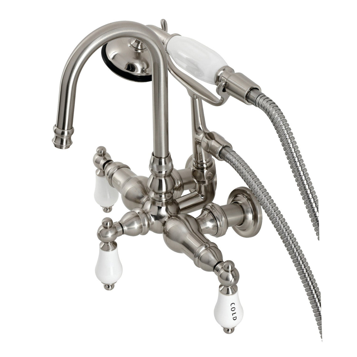 Vintage CA9T8 Three-Handle 2-Hole Wall Mount Clawfoot Tub Faucet with Hand Shower, Brushed Nickel