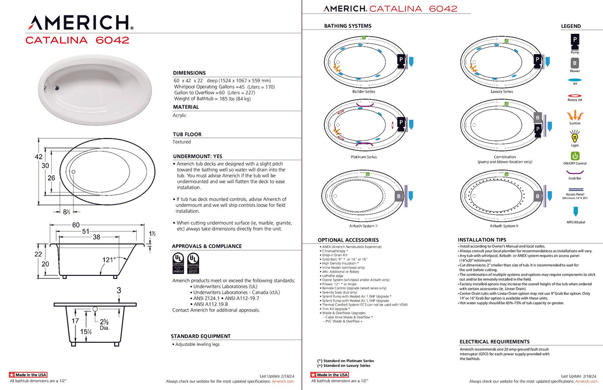 Americh CA6042TA2-BI Catalina 6042 - Tub Only / Airbath 2 - Biscuit
