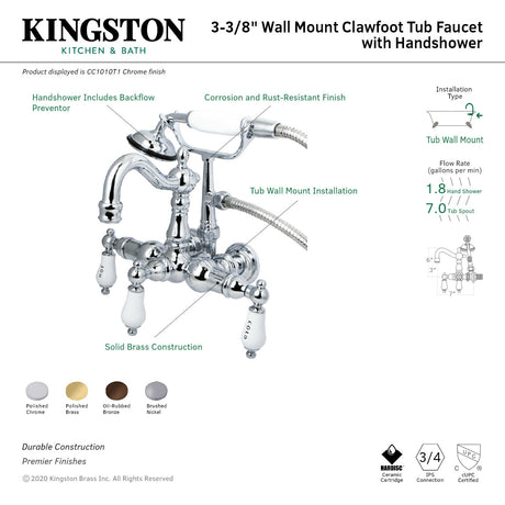 Vintage CC1010T1 Three-Handle 2-Hole Tub Wall Mount Clawfoot Tub Faucet with Hand Shower, Polished Chrome