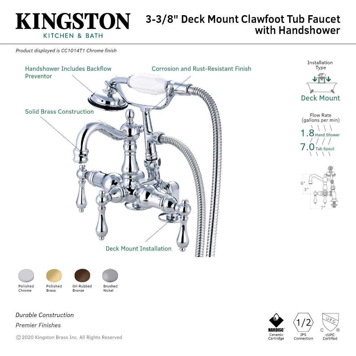 Vintage CC1013T5 Three-Handle 2-Hole Deck Mount Clawfoot Tub Faucet with Hand Shower, Oil Rubbed Bronze