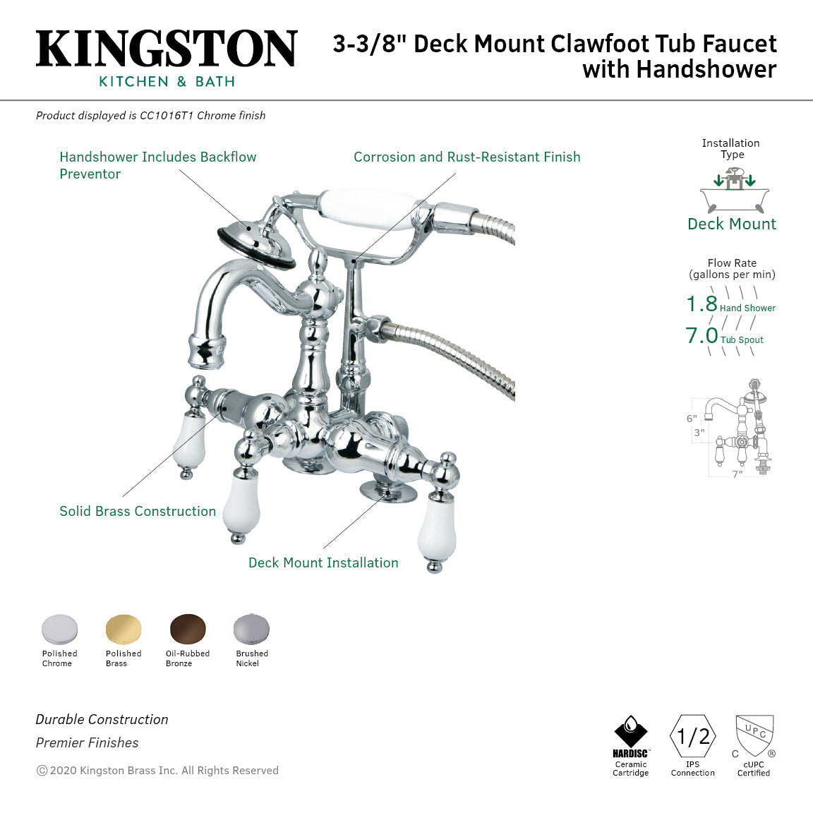 Vintage CC1015T8 Three-Handle 2-Hole Deck Mount Clawfoot Tub Faucet with Hand Shower, Brushed Nickel
