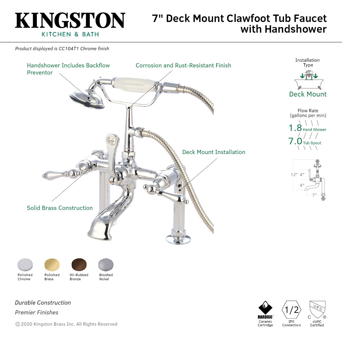 Vintage CC103T5 Three-Handle 2-Hole Deck Mount Clawfoot Tub Faucet with Hand Shower, Oil Rubbed Bronze