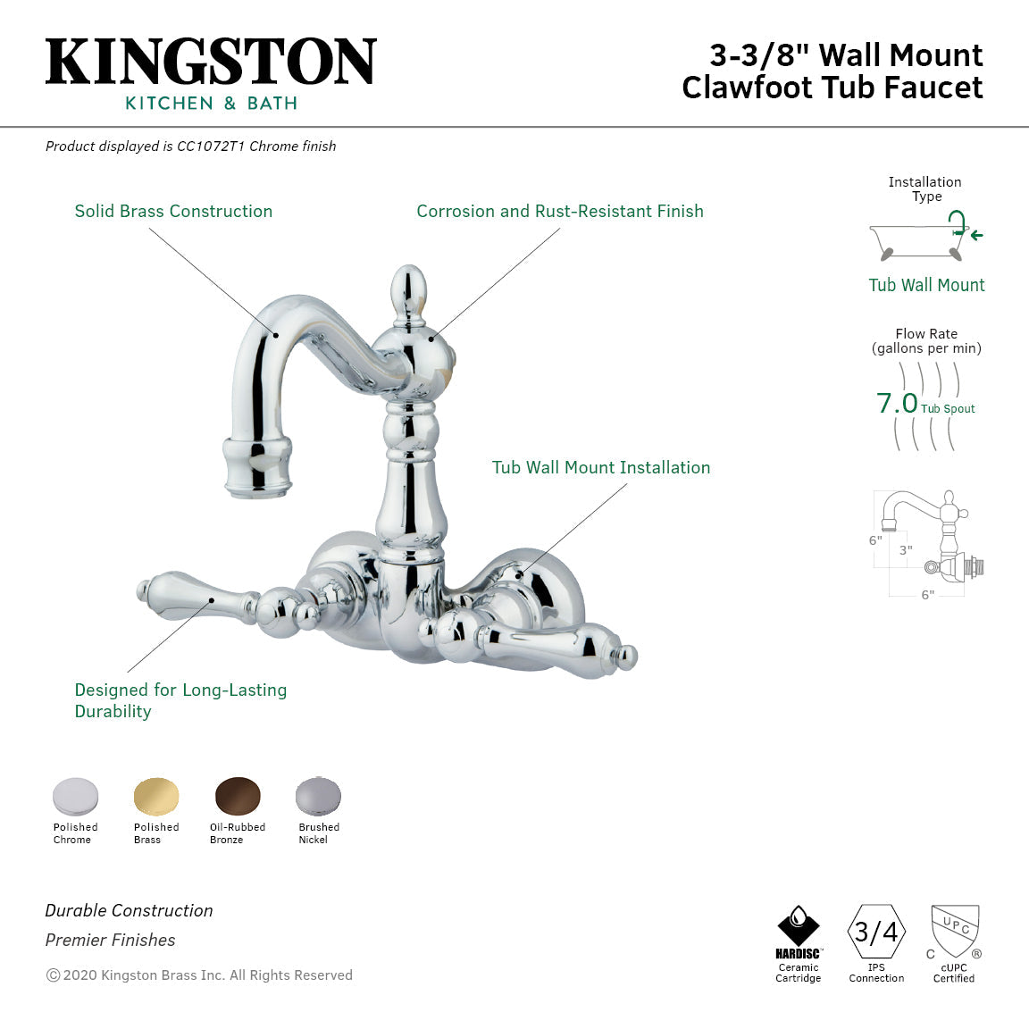 Vintage CC1072T1 Two-Handle 2-Hole Tub Wall Mount Clawfoot Tub Faucet, Polished Chrome