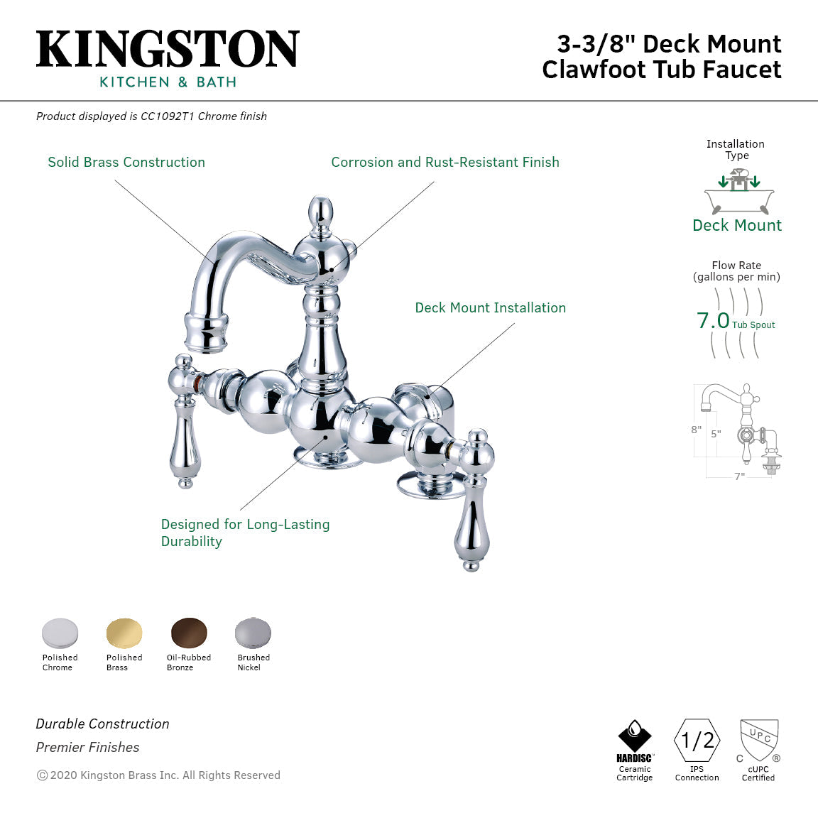 Vintage CC1092T1 Two-Handle 2-Hole Deck Mount Clawfoot Tub Faucet, Polished Chrome