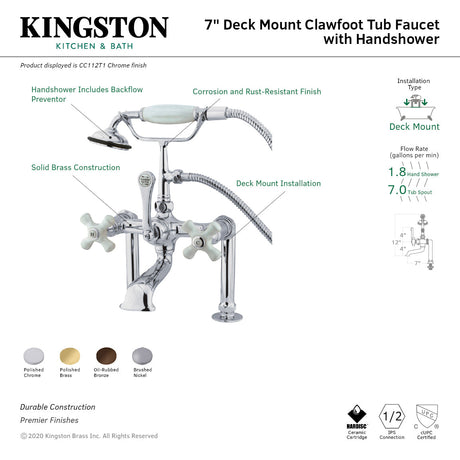 Vintage CC111T8 Three-Handle 2-Hole Deck Mount Clawfoot Tub Faucet with Hand Shower, Brushed Nickel