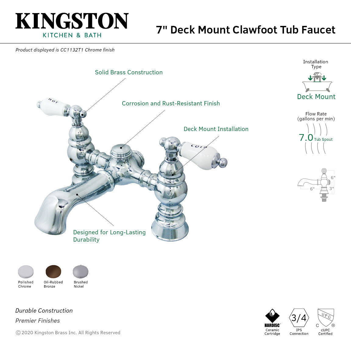 Vintage CC1132T5 Two-Handle 2-Hole Deck Mount Clawfoot Tub Faucet, Oil Rubbed Bronze