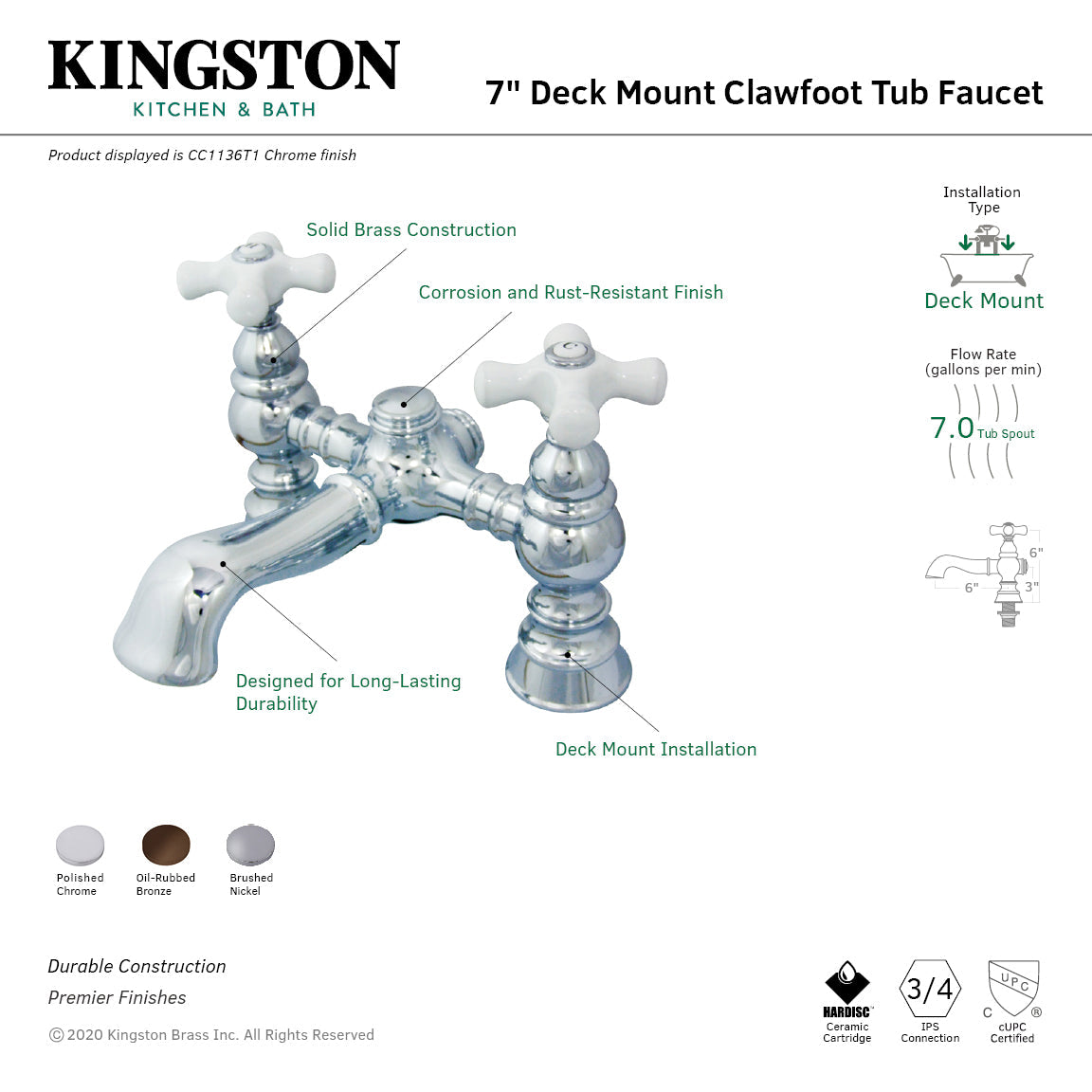 Vintage CC1136T1 Two-Handle 2-Hole Deck Mount Clawfoot Tub Faucet, Polished Chrome