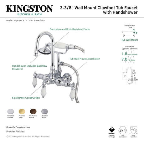 Vintage CC11T2 Three-Handle 2-Hole Tub Wall Mount Clawfoot Tub Faucet with Hand Shower, Polished Brass