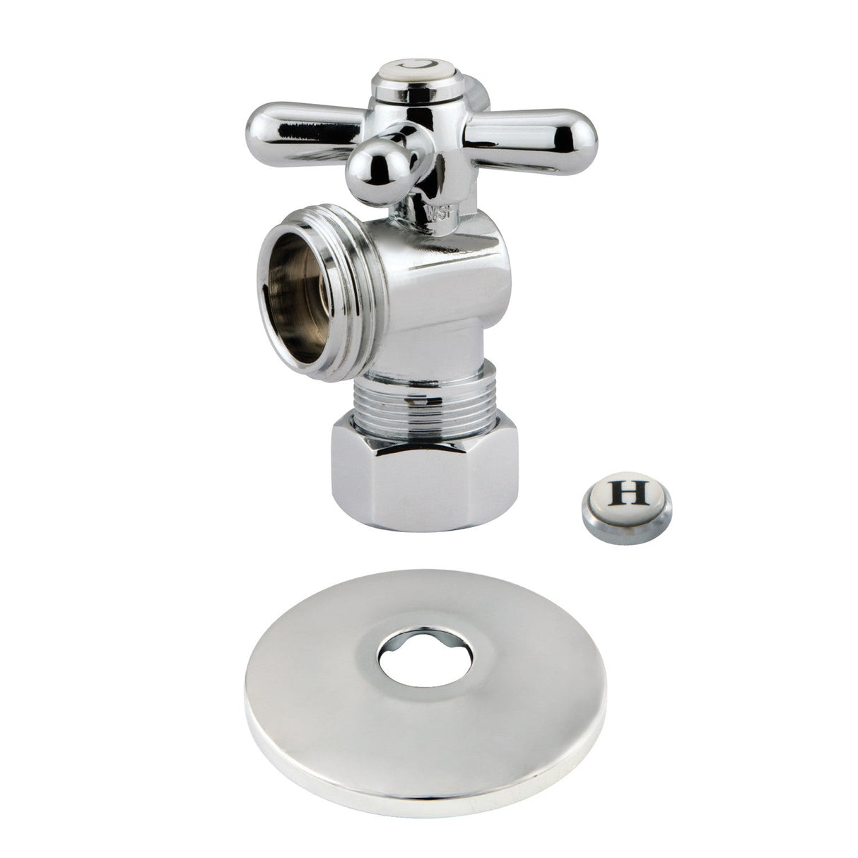 CC12001XK 5/8-Inch OD Comp x 3/4-Inch Hose Thread Quarter-Turn Angle Stop Valve with Flange, Polished Chrome