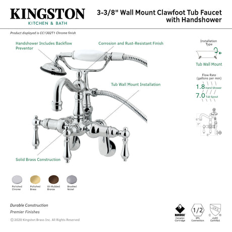Vintage CC1301T2 Three-Handle 2-Hole Tub Wall Mount Clawfoot Tub Faucet with Hand Shower, Polished Brass