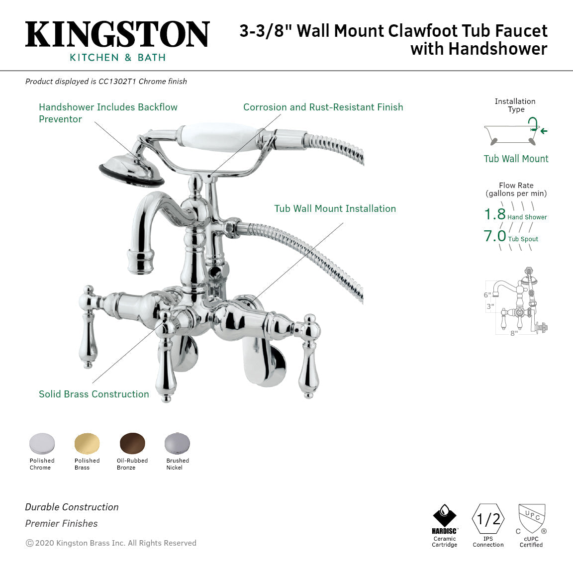 Vintage CC1301T5 Three-Handle 2-Hole Tub Wall Mount Clawfoot Tub Faucet with Hand Shower, Oil Rubbed Bronze