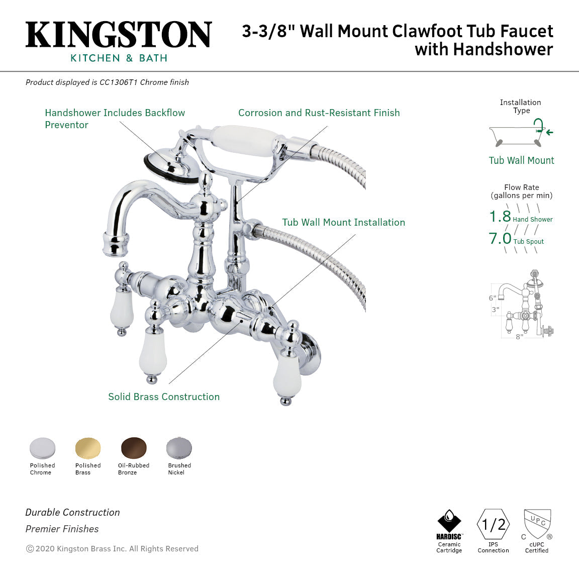 Vintage CC1305T8 Three-Handle 2-Hole Tub Wall Mount Clawfoot Tub Faucet with Hand Shower, Brushed Nickel