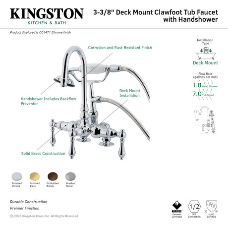 Vintage CC13T2 Three-Handle 2-Hole Deck Mount Clawfoot Tub Faucet with Hand Shower, Polished Brass