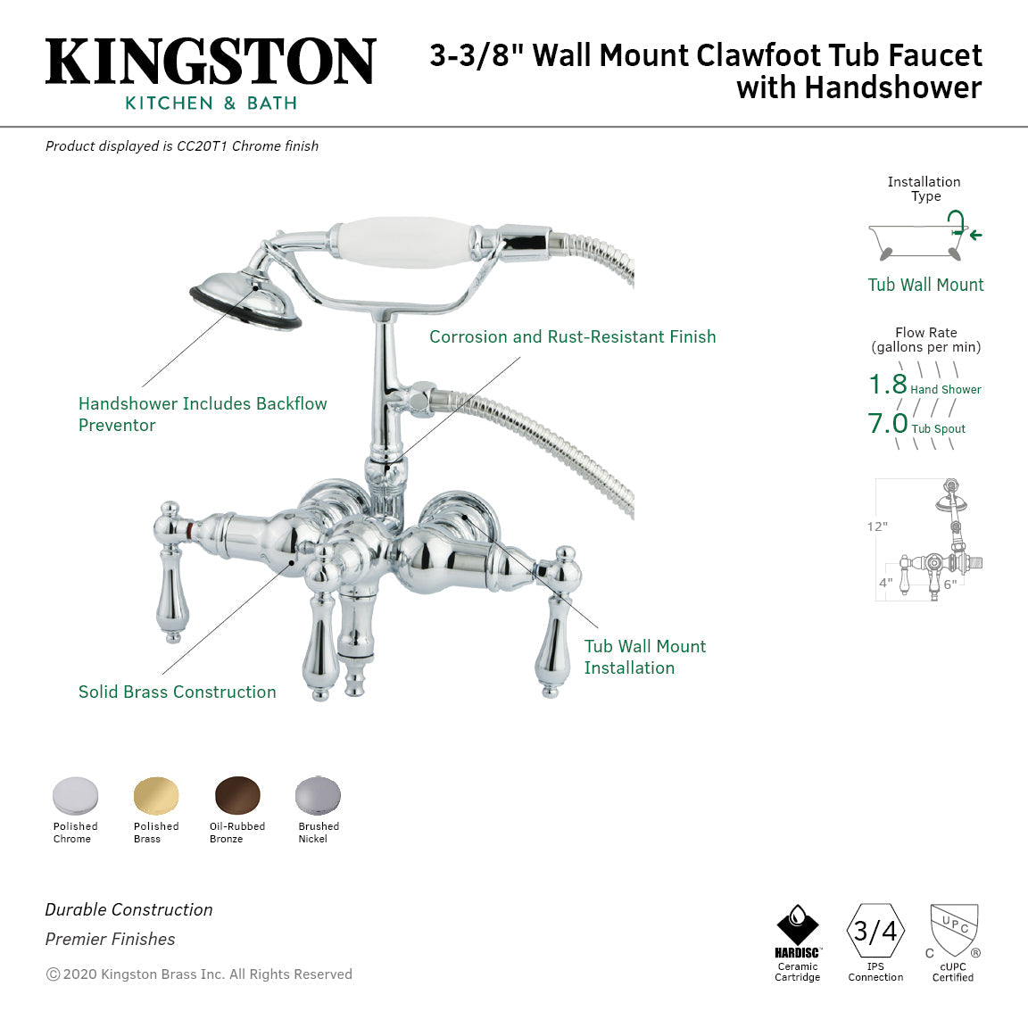 Vintage CC19T8 Three-Handle 2-Hole Tub Wall Mount Clawfoot Tub Faucet with Hand Shower, Brushed Nickel