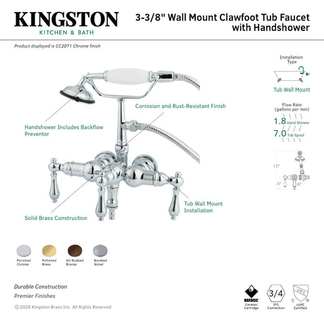 Vintage CC19T8 Three-Handle 2-Hole Tub Wall Mount Clawfoot Tub Faucet with Hand Shower, Brushed Nickel