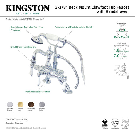 Vintage CC2010T1 Three-Handle 2-Hole Deck Mount Clawfoot Tub Faucet with Hand Shower, Polished Chrome