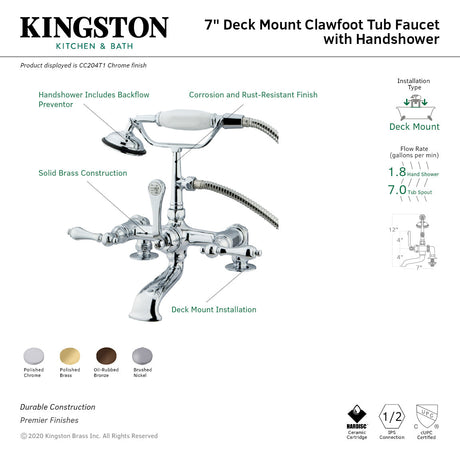 Vintage CC203T2 Three-Handle 2-Hole Deck Mount Clawfoot Tub Faucet with Hand Shower, Polished Brass