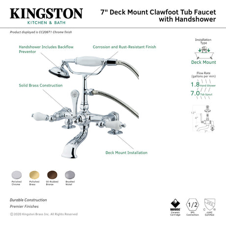 Vintage CC205T2 Three-Handle 2-Hole Deck Mount Clawfoot Tub Faucet with Hand Shower, Polished Brass
