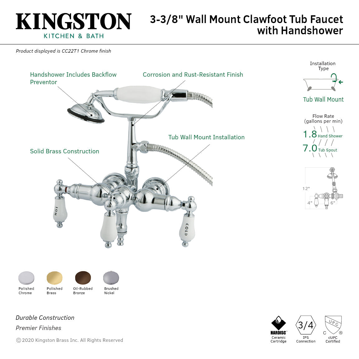 Vintage CC21T2 Three-Handle 2-Hole Tub Wall Mount Clawfoot Tub Faucet with Hand Shower, Polished Brass