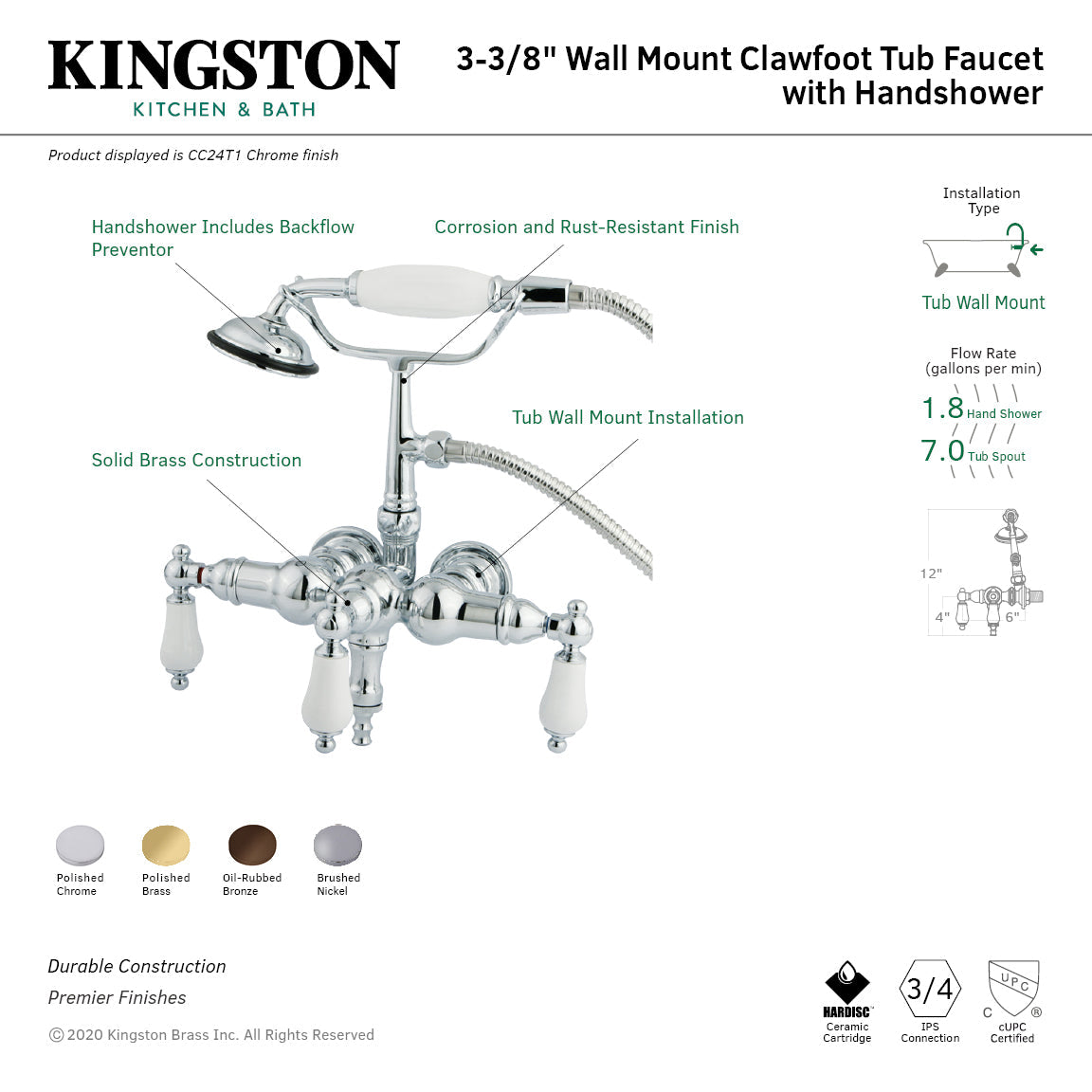 Vintage CC23T8 Three-Handle 2-Hole Tub Wall Mount Clawfoot Tub Faucet with Hand Shower, Brushed Nickel
