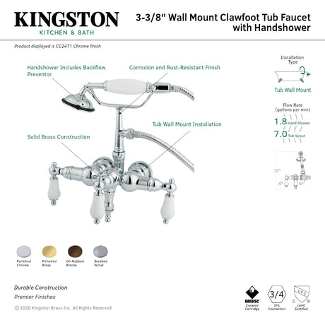 Vintage CC23T8 Three-Handle 2-Hole Tub Wall Mount Clawfoot Tub Faucet with Hand Shower, Brushed Nickel