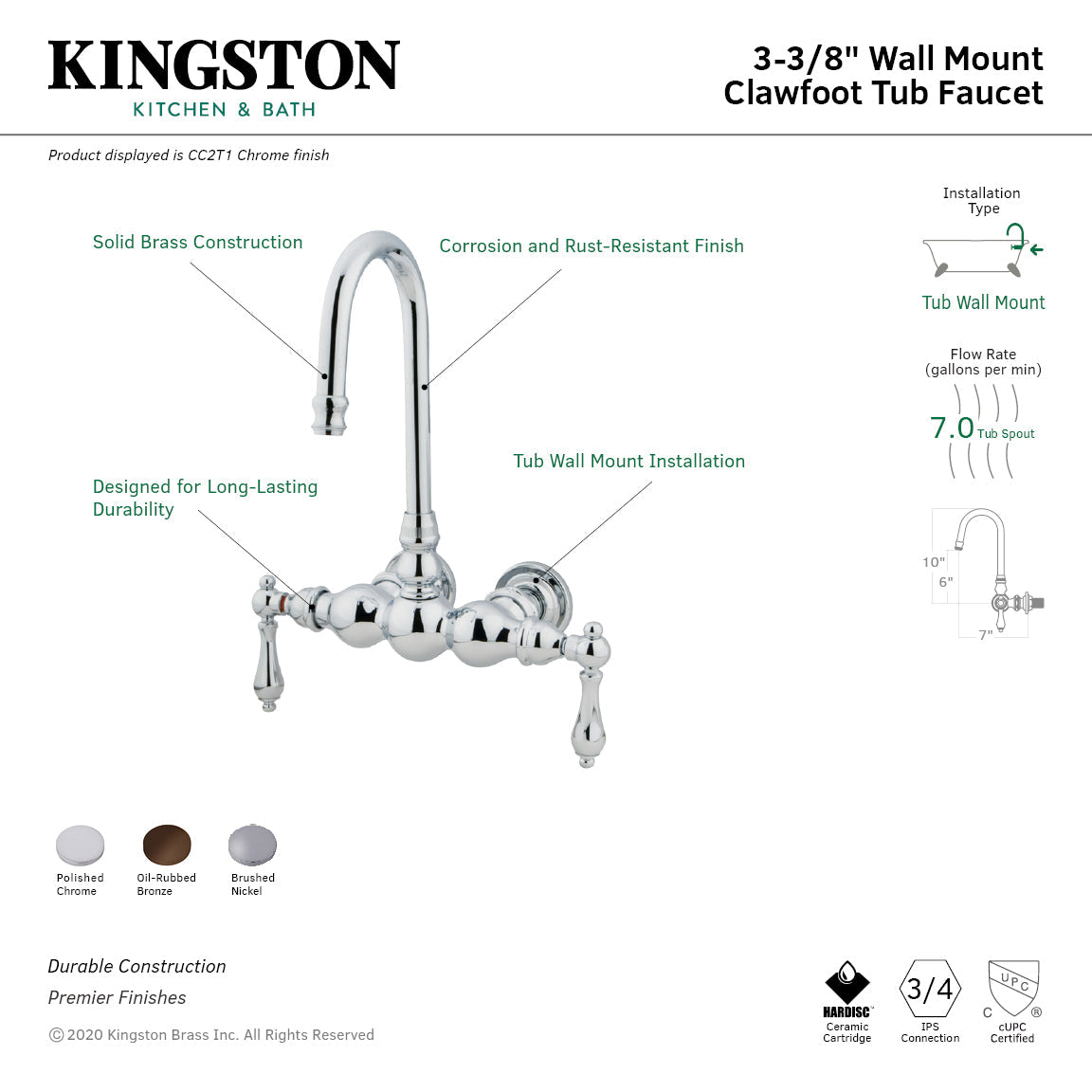 Vintage CC2T1 Two-Handle 2-Hole Tub Wall Mount Clawfoot Tub Faucet, Polished Chrome
