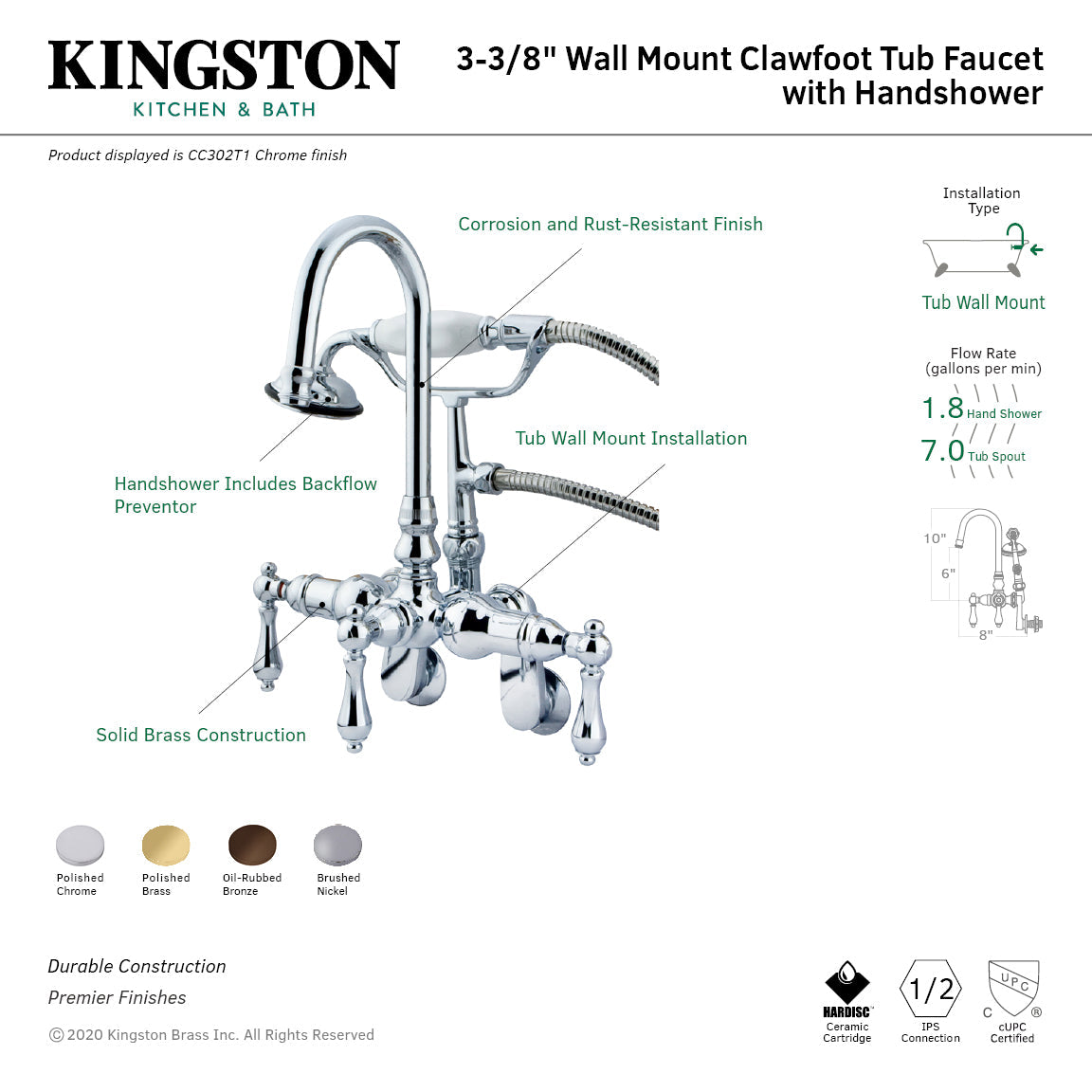 Vintage CC302T1 Three-Handle 2-Hole Tub Wall Mount Clawfoot Tub Faucet with Hand Shower, Polished Chrome
