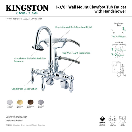Vintage CC302T1 Three-Handle 2-Hole Tub Wall Mount Clawfoot Tub Faucet with Hand Shower, Polished Chrome