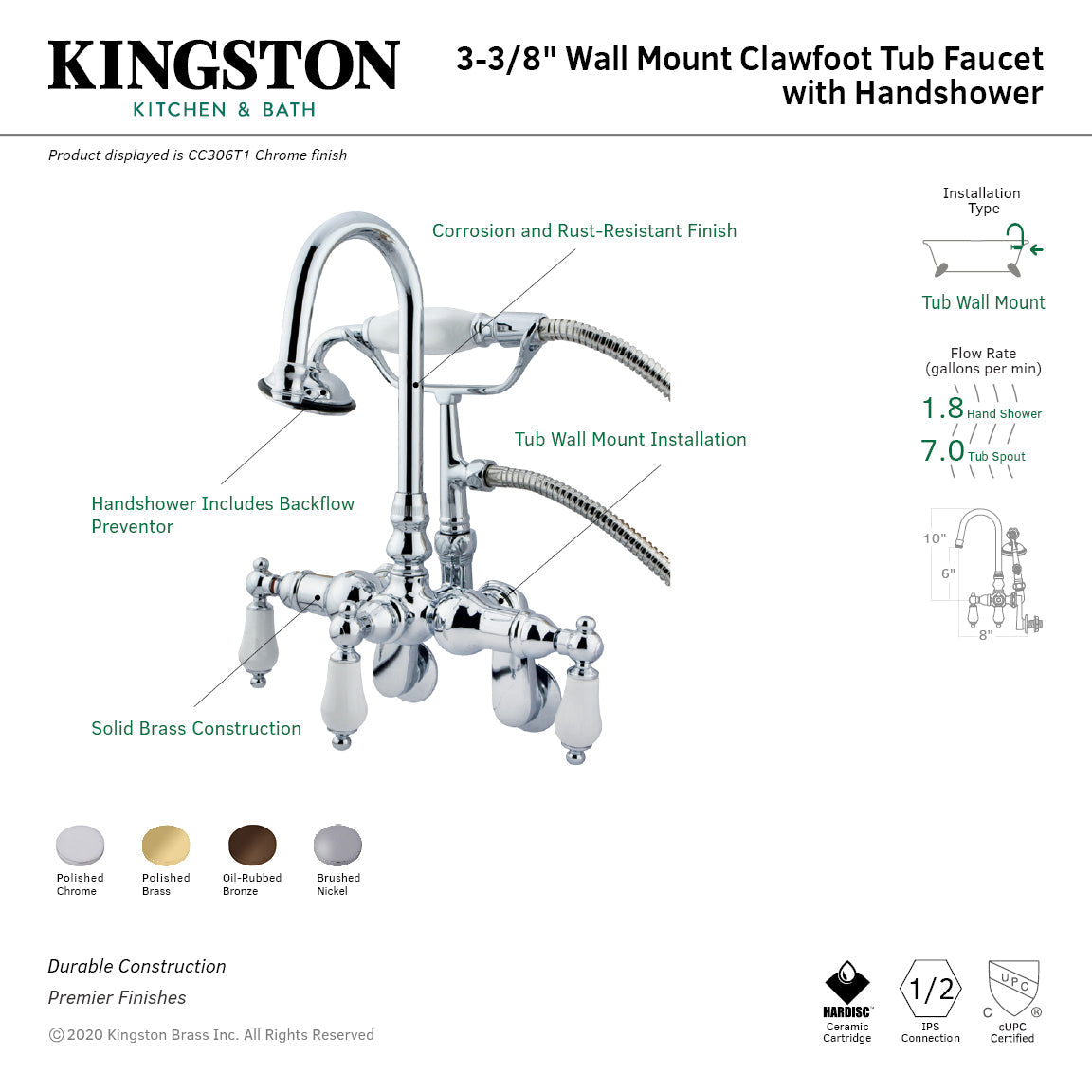 Vintage CC305T2 Three-Handle 2-Hole Tub Wall Mount Clawfoot Tub Faucet with Hand Shower, Polished Brass