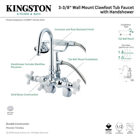 Vintage CC308T1 Three-Handle 2-Hole Tub Wall Mount Clawfoot Tub Faucet with Hand Shower, Polished Chrome