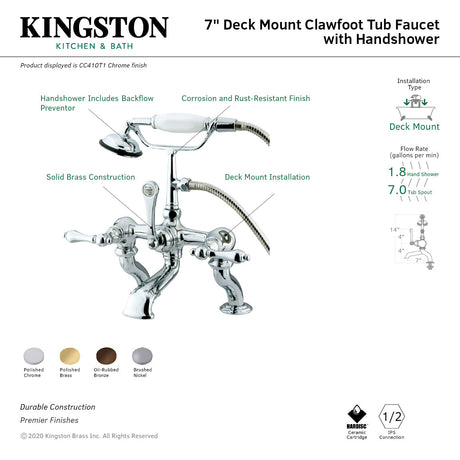 Vintage CC409T2 Three-Handle 2-Hole Deck Mount Clawfoot Tub Faucet with Hand Shower, Polished Brass