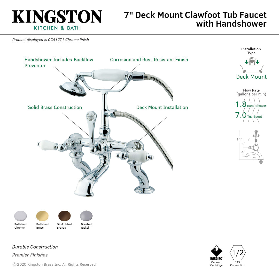 Vintage CC411T2 Three-Handle 2-Hole Deck Mount Clawfoot Tub Faucet with Hand Shower, Polished Brass