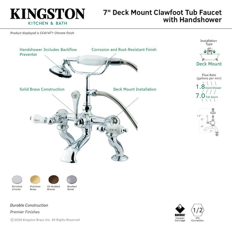 Vintage CC414T1 Three-Handle 2-Hole Deck Mount Clawfoot Tub Faucet with Hand Shower, Polished Chrome