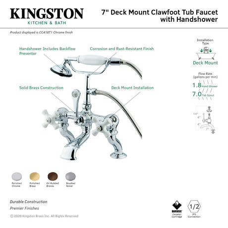 Vintage CC417T2 Three-Handle 2-Hole Deck Mount Clawfoot Tub Faucet with Hand Shower, Polished Brass