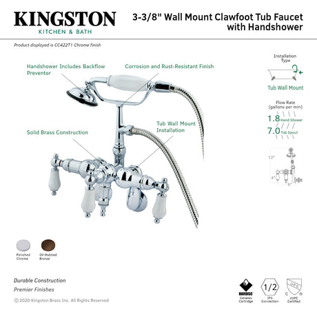 Vintage CC421T5 Three-Handle 2-Hole Tub Wall Mount Clawfoot Tub Faucet with Hand Shower, Oil Rubbed Bronze