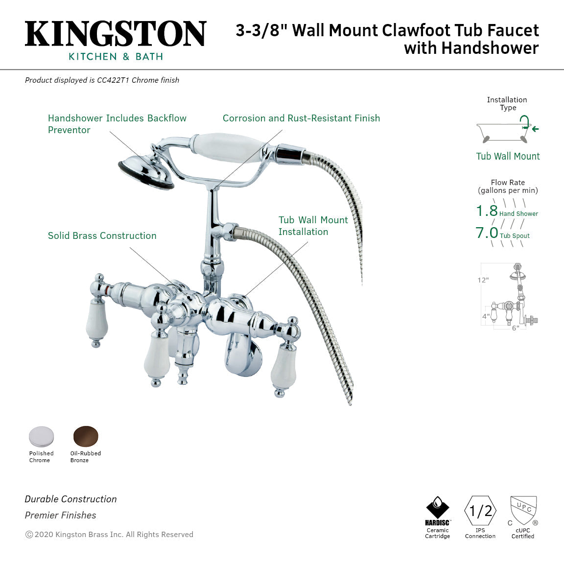 Vintage CC422T1 Three-Handle 2-Hole Tub Wall Mount Clawfoot Tub Faucet with Hand Shower, Polished Chrome
