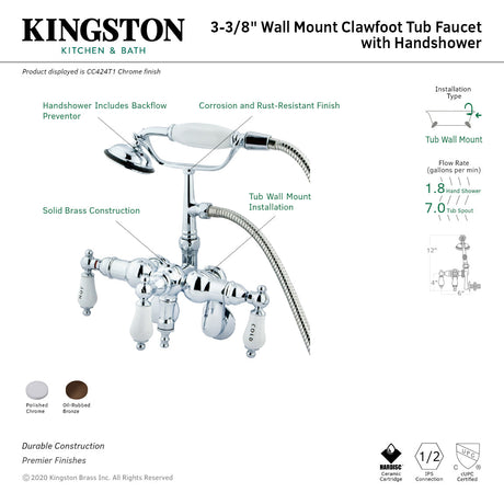 Vintage CC424T1 Three-Handle 2-Hole Tub Wall Mount Clawfoot Tub Faucet with Hand Shower, Polished Chrome