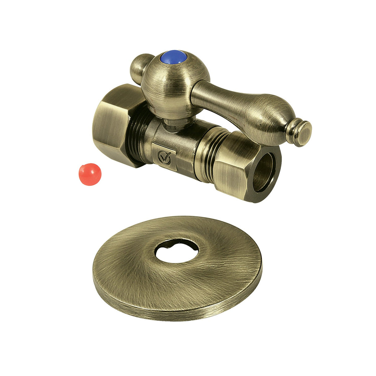CC44453K 5/8-Inch OD Comp x 1/2-Inch OD Comp Quarter-Turn Straight Stop Valve with Flange, Antique Brass