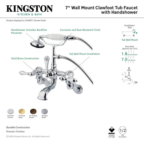 Vintage CC457T2 Three-Handle 2-Hole Tub Wall Mount Clawfoot Tub Faucet with Hand Shower, Polished Brass